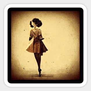 Sepia tinted vintage image of woman in a short dress on tiptoe. Sticker